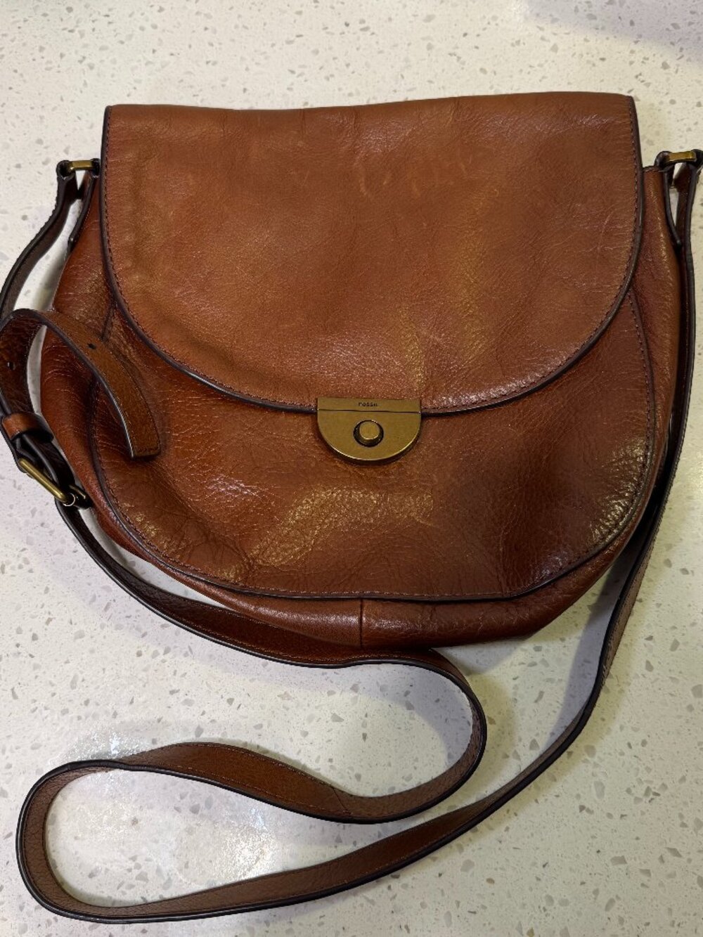 Fossil Emi Crossbody Messenger Bag Brown Leather Saddle Brass Hardware